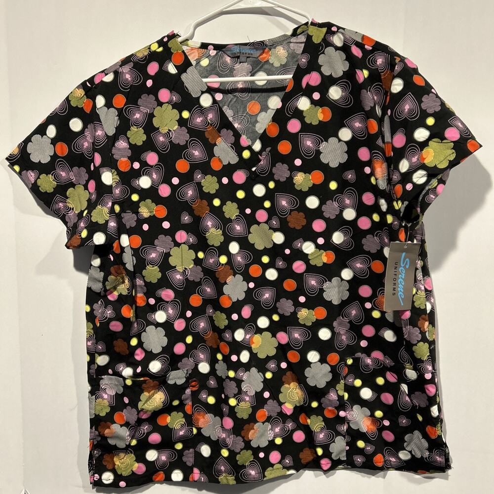 Scrubs Womens Black Floral V-Neck Short Sleeve Scrub Top Size XL Serene Uniforms